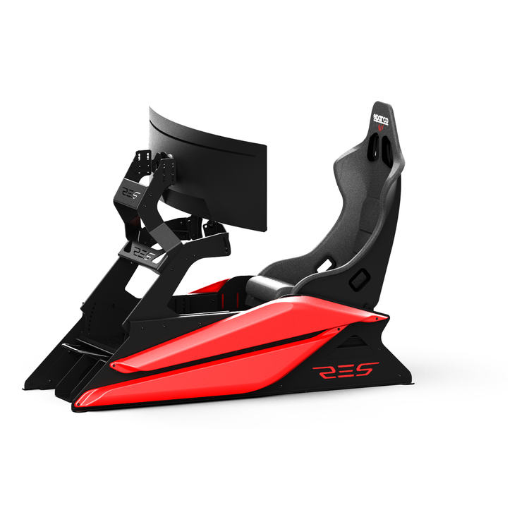 Cockpit Res-Tech GT – Rouge, présenté avec siège, base et écrans (non inclus)
