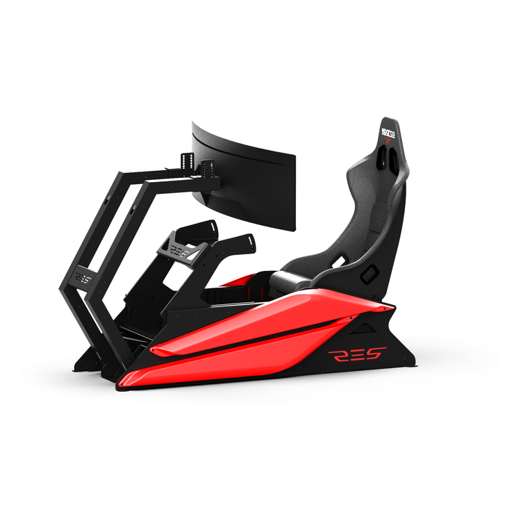 Cockpit Res-Tech GT – Rouge, vue avant de trois quarts (équipement non inclus)