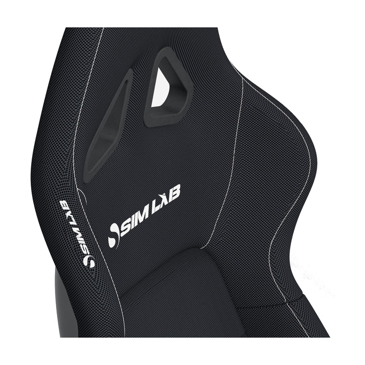 Sim-Lab S1 Sport GT bucket seat, black fabric, shoulder and harness opening detail