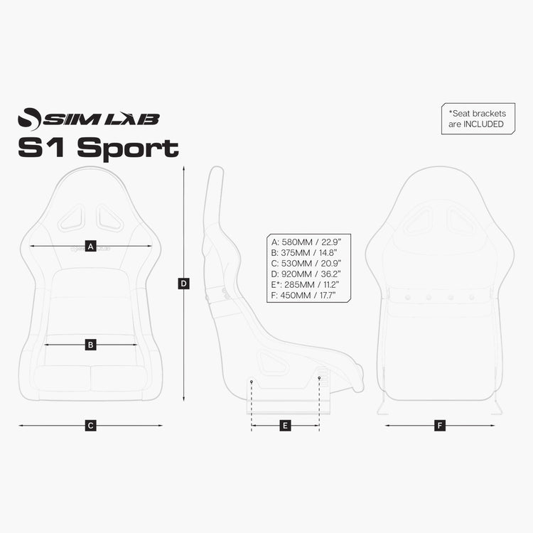 Sim-Lab S1 Sport GT bucket seat dimension chart