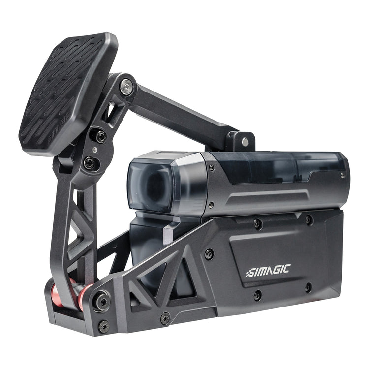 Pédale active Simagic P-Active – vue trois quarts avant sur fond blanc