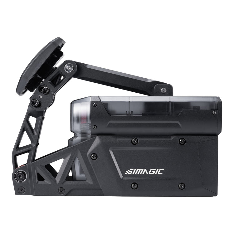 Pédale active Simagic P-Active – vue trois quarts avant, bras oscillant