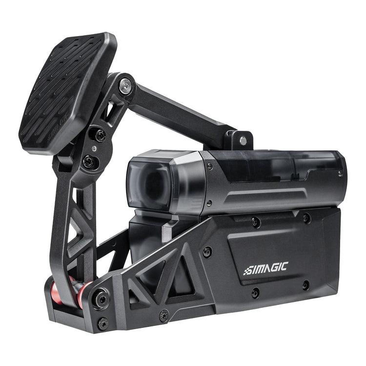 Pédale active Simagic P-Active – vue trois quarts avant, plateau de pédale